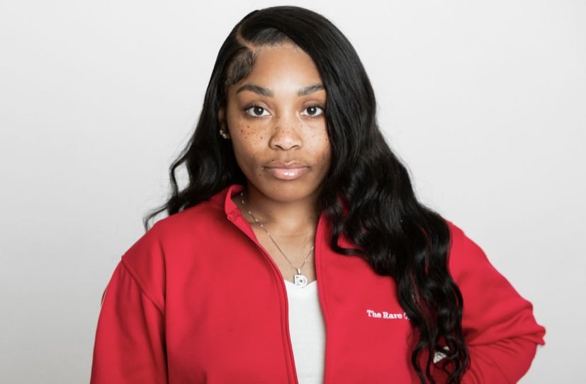 Red, Trc luxury tracksuit jacket, front view, Black woman model