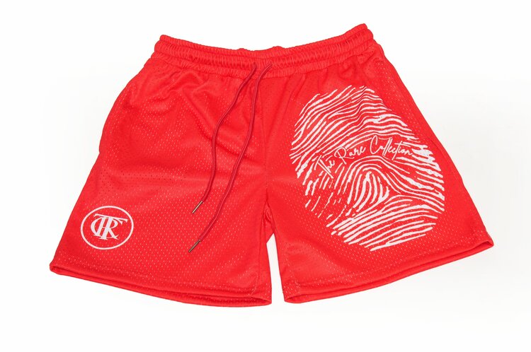 Red, DNA Fingerprint shorts, front view