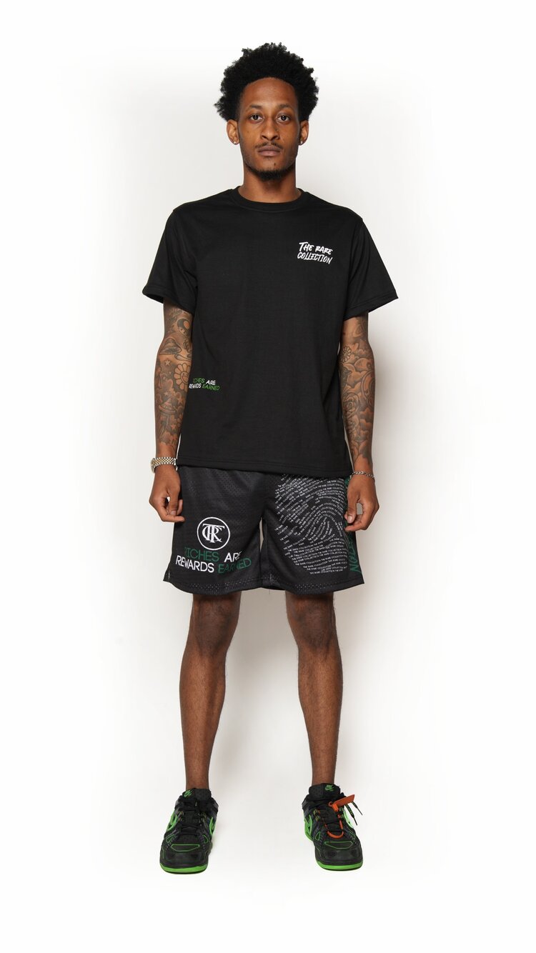 Black, DNA Fingerprint shorts, front view, black male model 