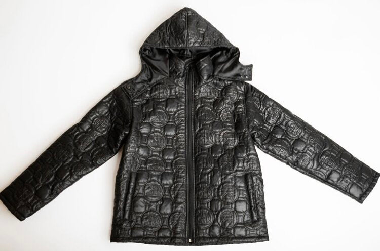 black, trc embossed puffer jacket, front view