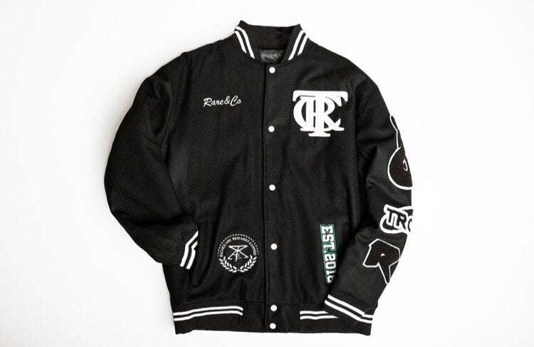 black, trc letterman jacket, front view