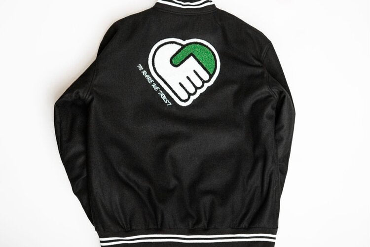 black, trc letterman jacket, back view