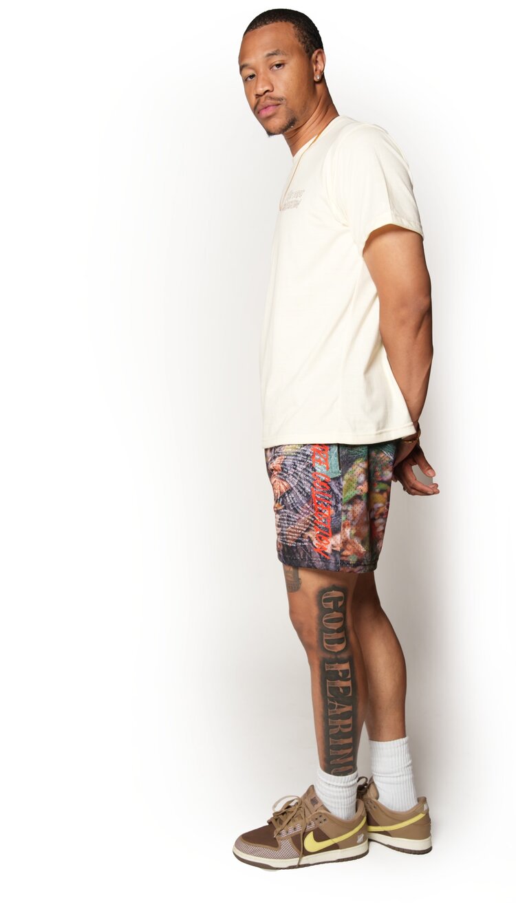 Real Tree Camp Print, DNA Fingerprint shorts, side view, black male model