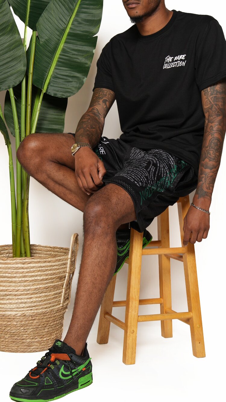 Black, DNA Fingerprint shorts, side view, black male model