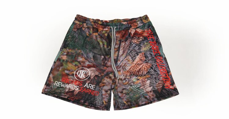 real tree camp print, DNA Fingerprint shorts, front view