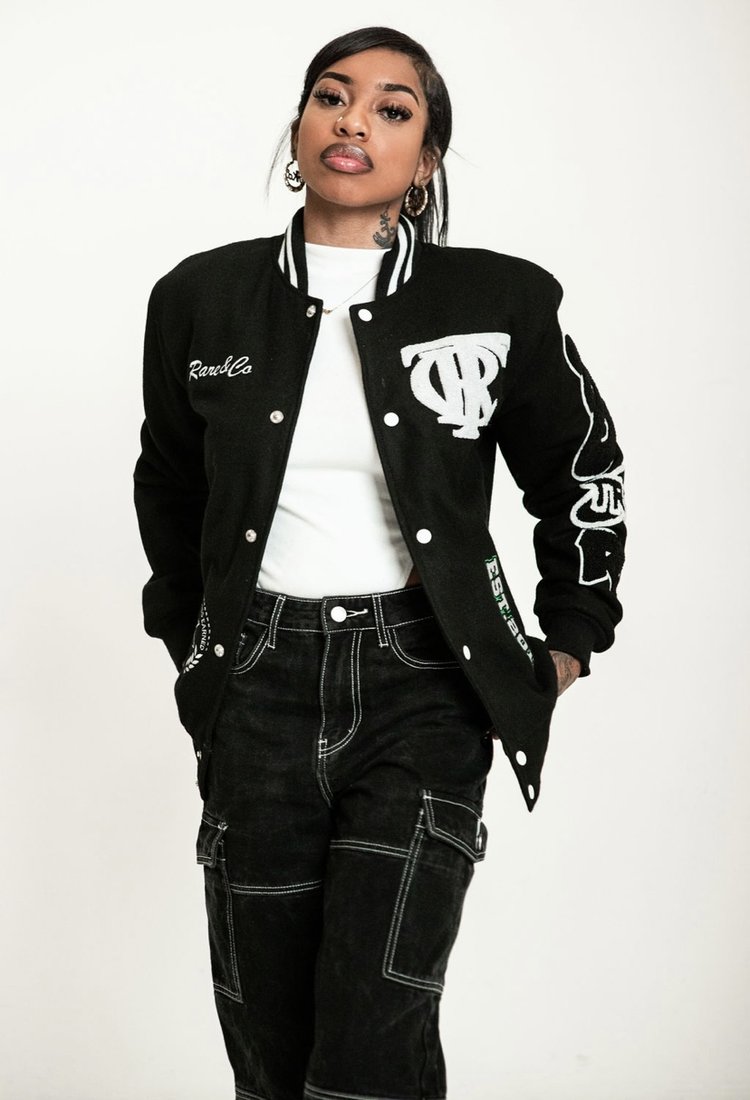 black, trc letterman jacket, front view, black female model