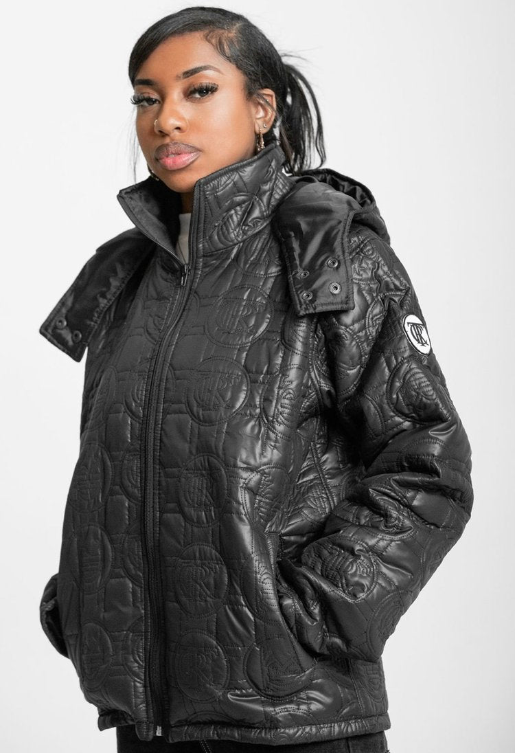 black, trc embossed puffer jacket, front view, black female model