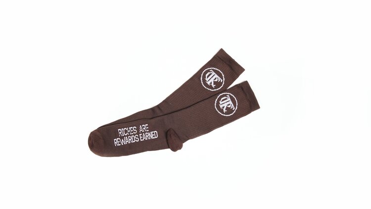 Brown, Trc Riches are rewards earned socks, side view