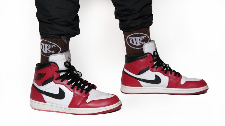 Brown, Trc Riches are rewards earned socks, side view, air jordan 1 sneakers