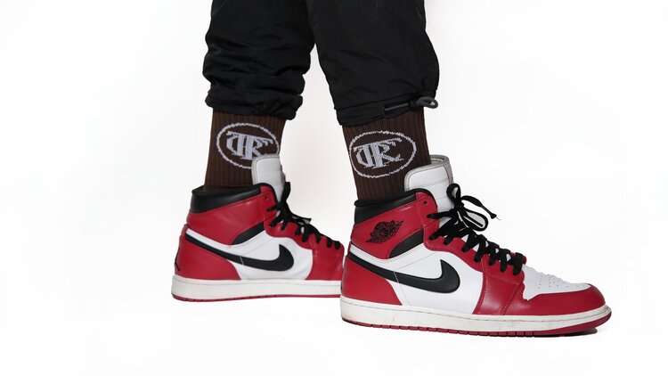 Brown, Trc Riches are rewards earned socks, side view, air jordan 1 sneakers