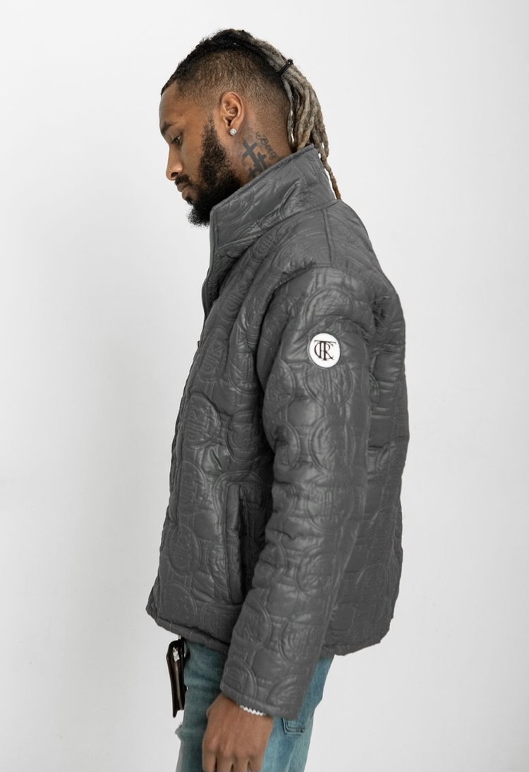 Grey, Embossed Puffer Jacket, Side view, Black Man Model