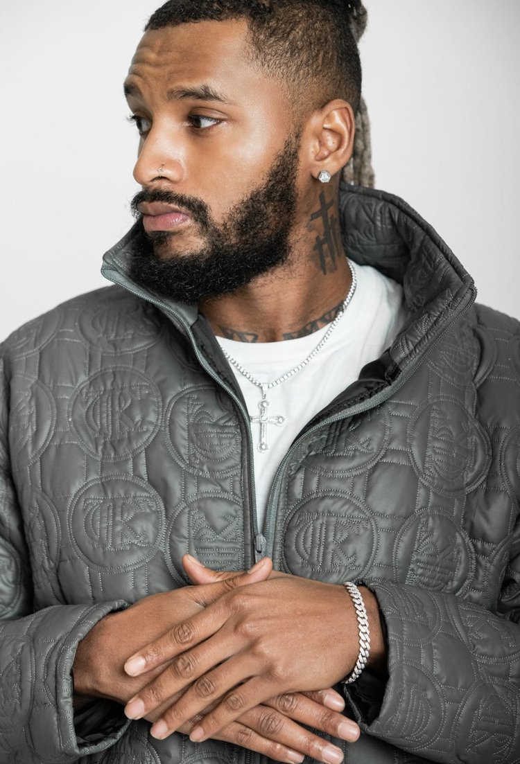 grey, trc embossed puffer jacket, front view, black male model