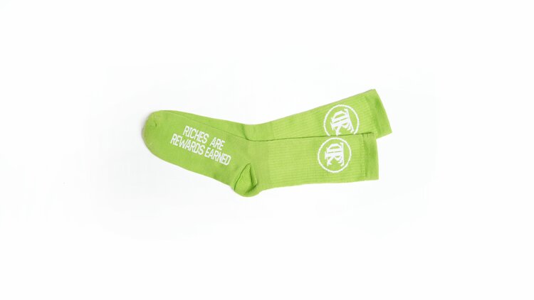 Neon green, Trc Riches are rewards earned socks, side view