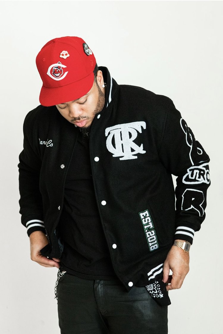 black, trc letterman jacket, front view, black male model