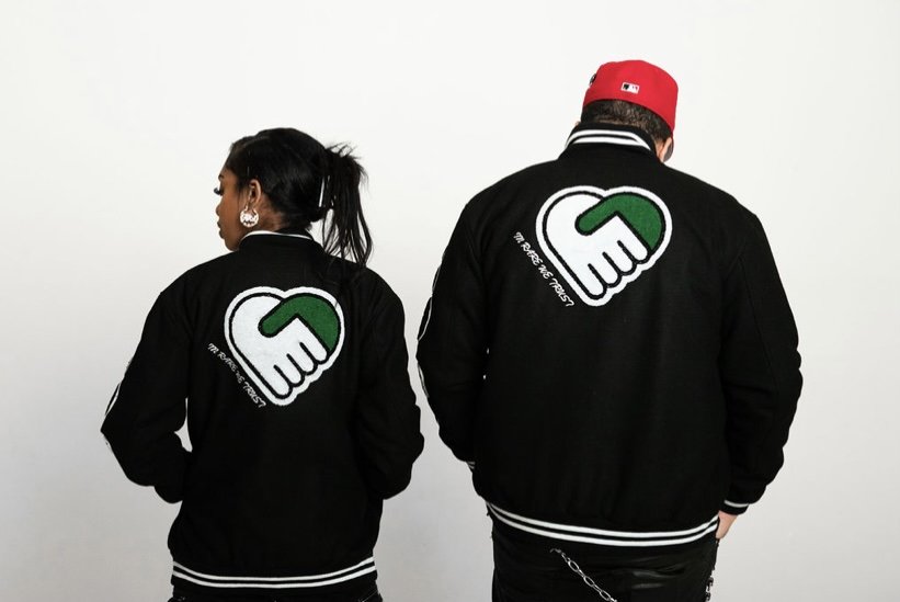 black, trc letterman jacket, back view, black female and male model