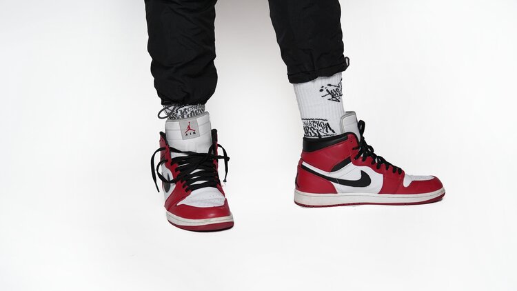 white, trc graffiti socks, front and side view, air jordan 1 sneakers